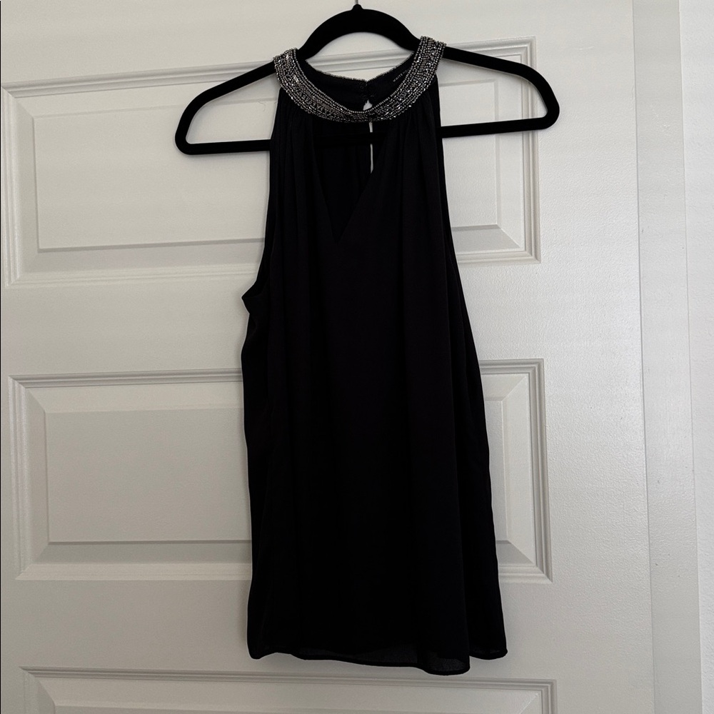 White House Black Market Black Sleeveless Blouse with Silver beading Accents